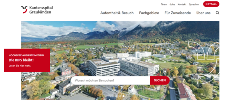 Die neue Website des Kantonsspitals Graubünden mit prominenter Suchleiste auf der Startseite. 