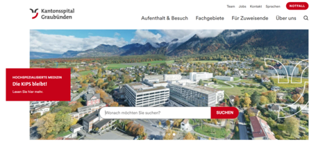 Die neue Website des Kantonsspitals Graubünden mit prominenter Suchleiste auf der Startseite.