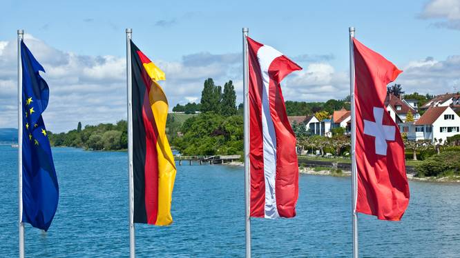 471420453 Flags oh European countries flying in front of a blue lake