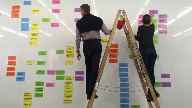 Projektarbeit im SIL Leute stehen auf Leiter und kleben Post-its an die Wand